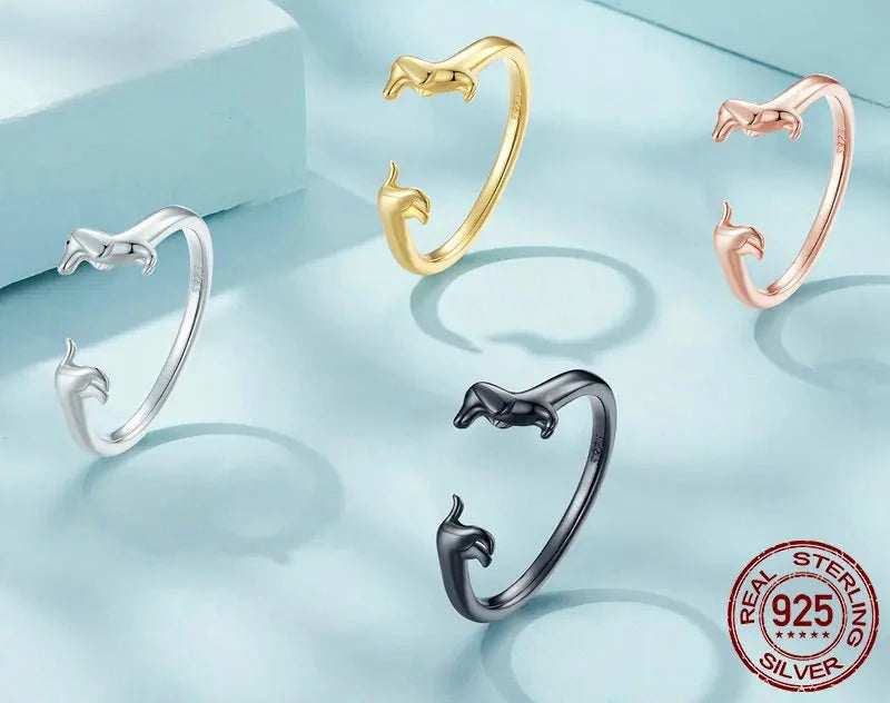 BISAER 925 Sterling Silver Cute Pet Dog Jewelry Set Dachshund Animal Stud Earrings Adjustable Rings for Women Lovely Party Gift