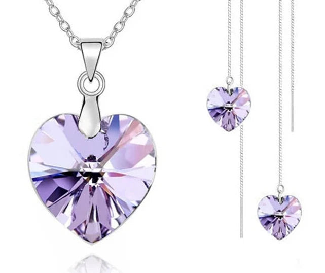 Love Heart Shape Women 925 Sterling Silver Bridal Jewelry Set For Wedding Fashion Crystal Pendants Necklaces Earring Set