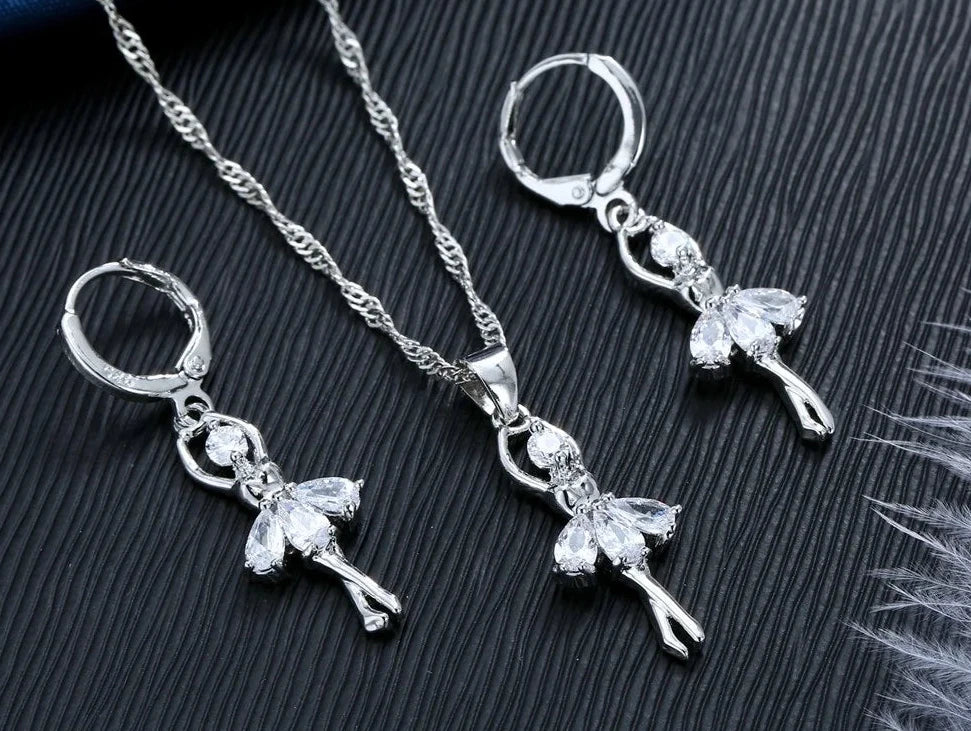 Solid S925 Sterling Silver Jewelry Gift Sets Cute Ballet Dancer Design Necklace Hoop Loop Earrings for Women Party