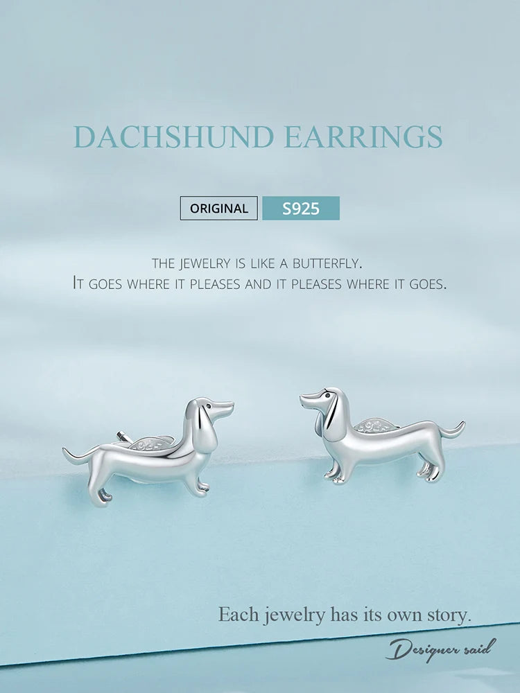 BISAER 925 Sterling Silver Cute Pet Dog Jewelry Set Dachshund Animal Stud Earrings Adjustable Rings for Women Lovely Party Gift