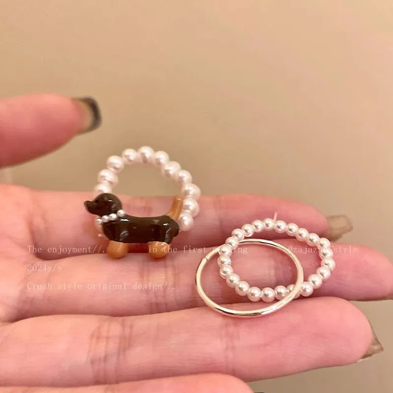 Cute Trendy Pearl Beaded Dog Elasticity Rings for Women Creative Design Charm Party Finger Jewelry Accessories Friendship Gift