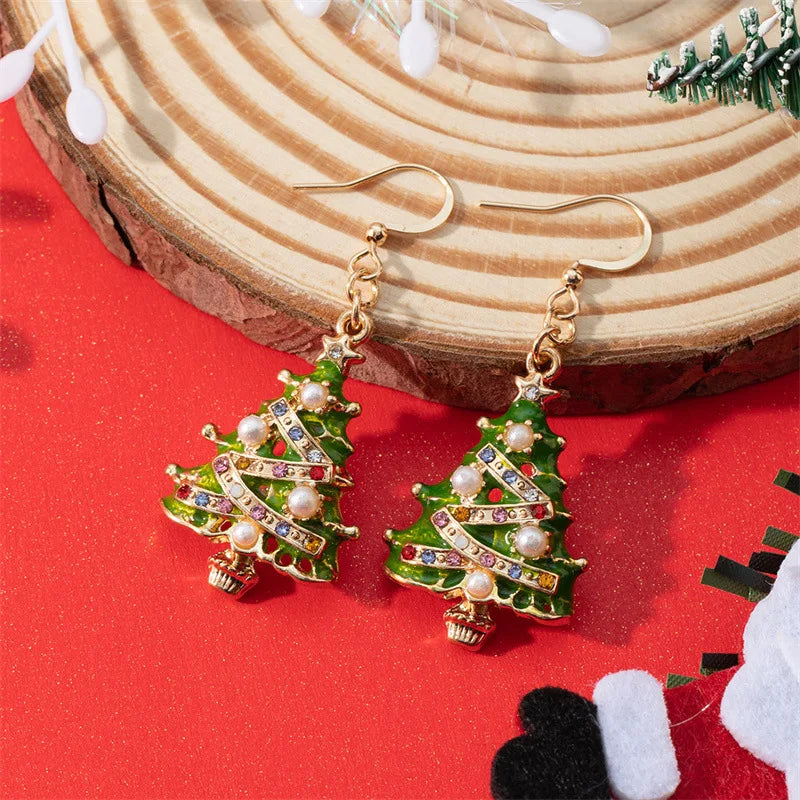 New Zircon Christmas Tree Earrings for Women Shiny Rhinestone Star Pearl Stud Earring New Year Xmas Festival Ear Jewelry