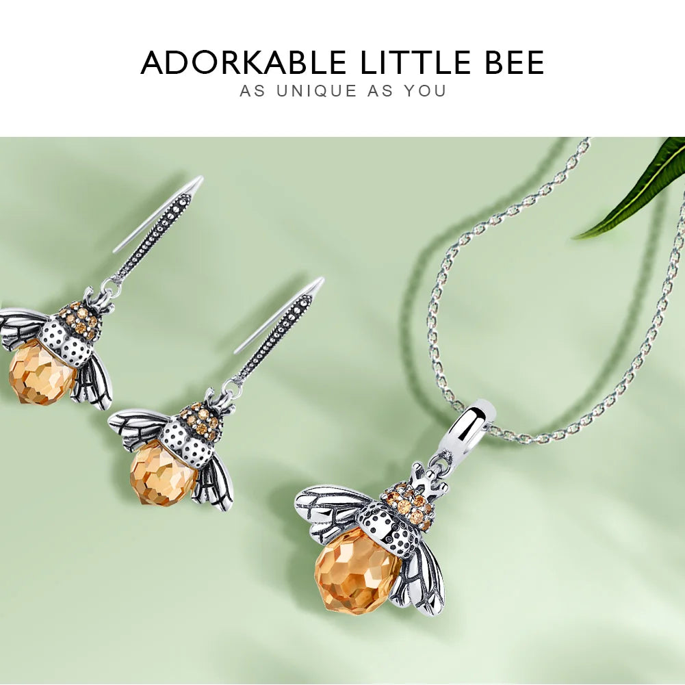 BAMOER 925 Sterling Silver Lovely Orange Bee Insect Pendant Necklace for Women 14K Gold Plated Jewelry Birthday Gift 2 Colors