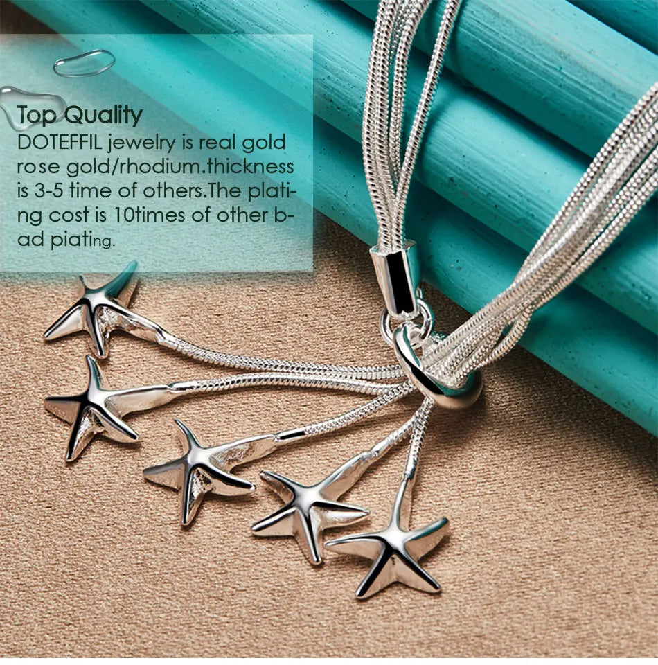 DOTEFFIL 925 Sterling Silver Five Snake Chain Starfish Necklace For Women Wedding Engagement Fashion Jewelry