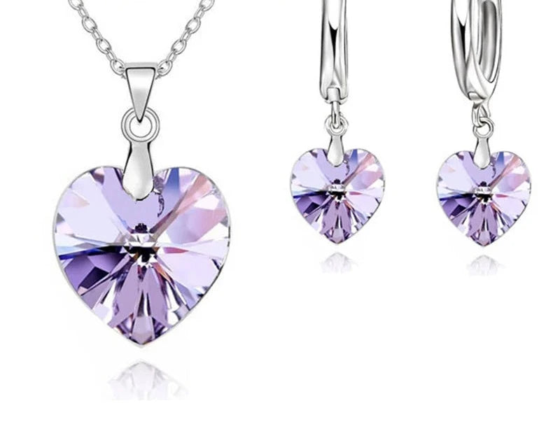 Love Heart Shape Women 925 Sterling Silver Bridal Jewelry Set For Wedding Fashion Crystal Pendants Necklaces Earring Set