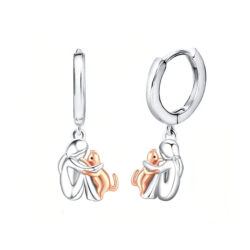 Cute Two Tone Gold Silver Color Women and Dog Stud Earrings Dog Mom Small Hoop Earrings Animal Pet Jewelry