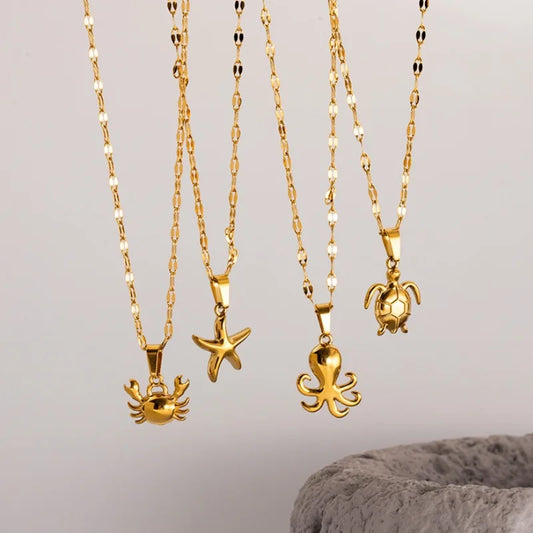 Ocean Style Starfish Sea Turtle Octopus Stainless Steel Pendant Necklace Fashion Gold Plated Summer Beach Jewelry Accessory