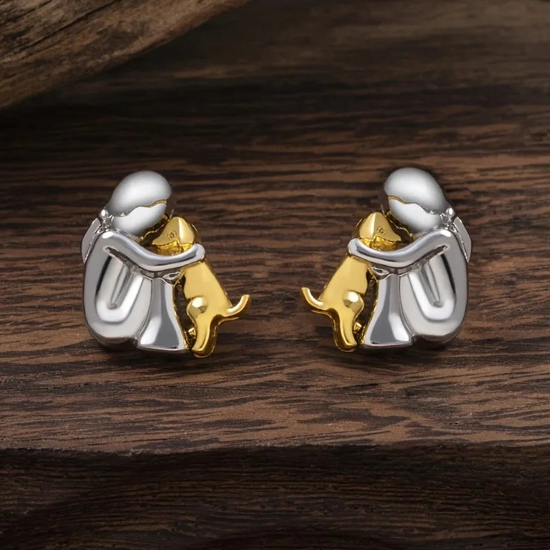 Fashion Two Tone Little Girl and Dog Earrings For Women Dog Mom Earrings Animal Puppy Jewelry