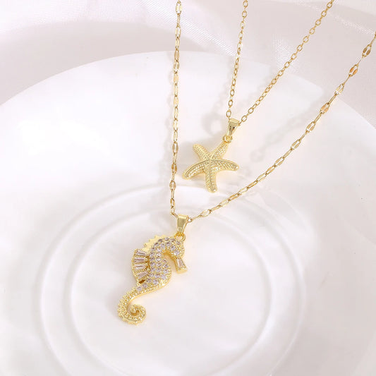 Exquisite Seahorse Necklace for Women, Starfish Pendant, Stainless Steel, Marine Life Jewelry, Fashionable Gift, High-End