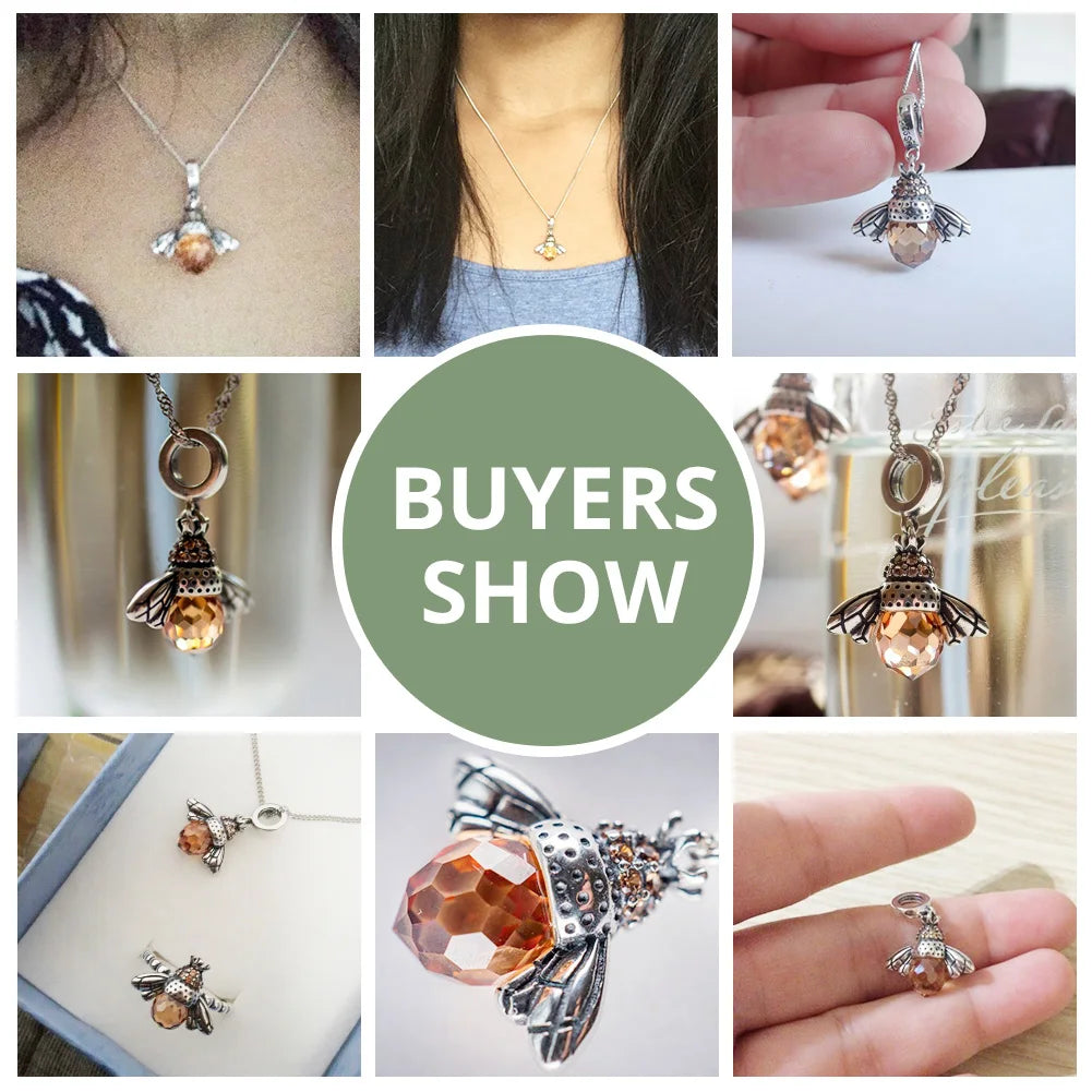 BAMOER 925 Sterling Silver Lovely Orange Bee Insect Pendant Necklace for Women 14K Gold Plated Jewelry Birthday Gift 2 Colors