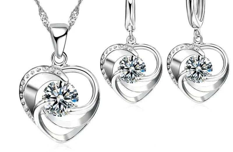 925 Sterling Silver Necklace Earrings Set Long Chain Sweet Romantic Style Love Heart Shape For Women Lady Wife