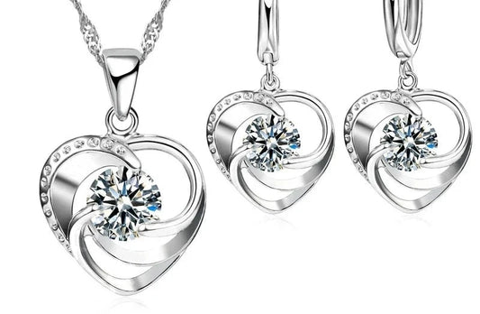925 Sterling Silver Necklace Earrings Set Long Chain Sweet Romantic Style Love Heart Shape For Women Lady Wife