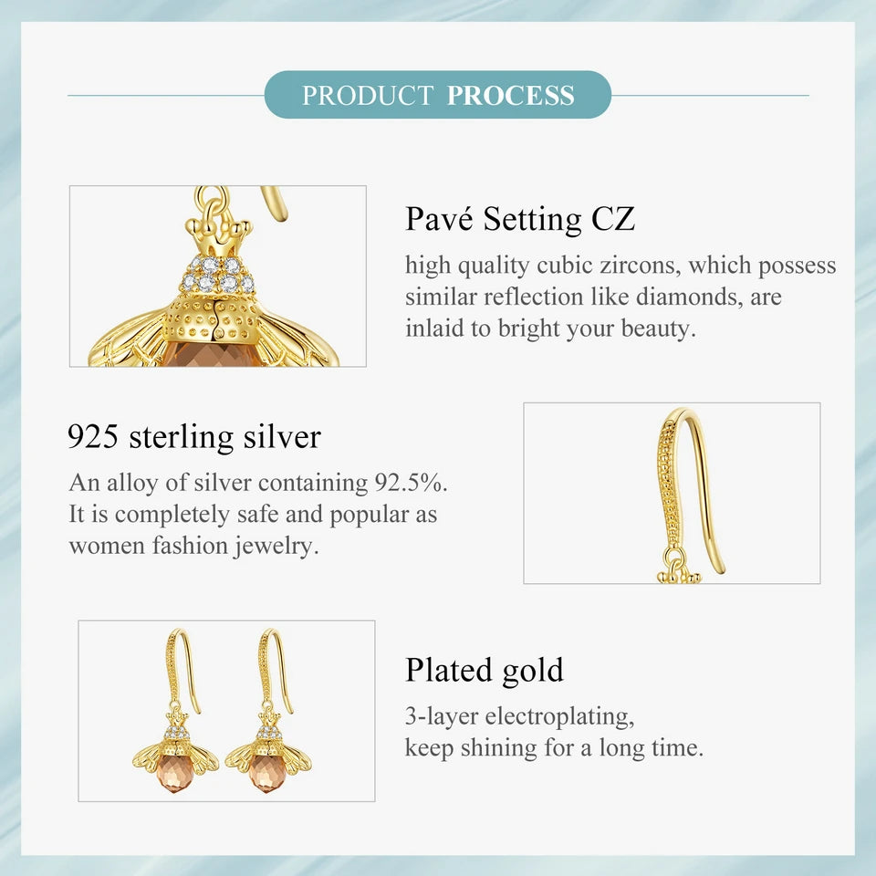 Bamoer Hot Sale 925 Sterling Silver Yellow Bee Drop Earrings for Women Lovely Insect Earrings Fine Jewelry Gift SCE149