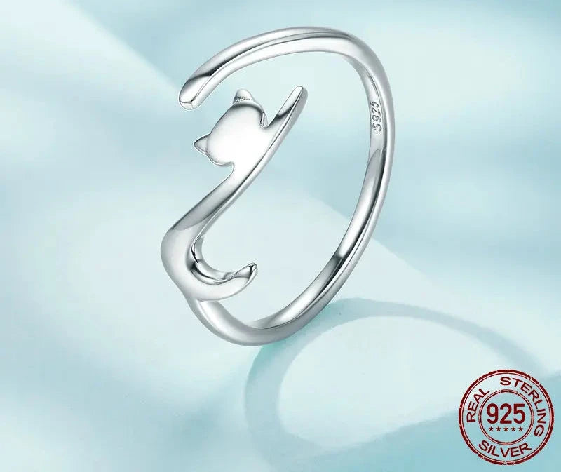 BAMOER 100% 925 Sterling Silver Sticky Cat with Long Tail Finger Ring Women Ring Adjustable Engagement Ring Jewelry SCR220