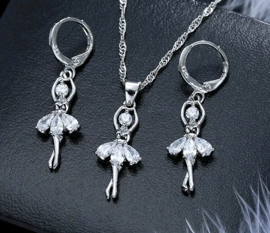 Solid S925 Sterling Silver Jewelry Gift Sets Cute Ballet Dancer Design Necklace Hoop Loop Earrings for Women Party