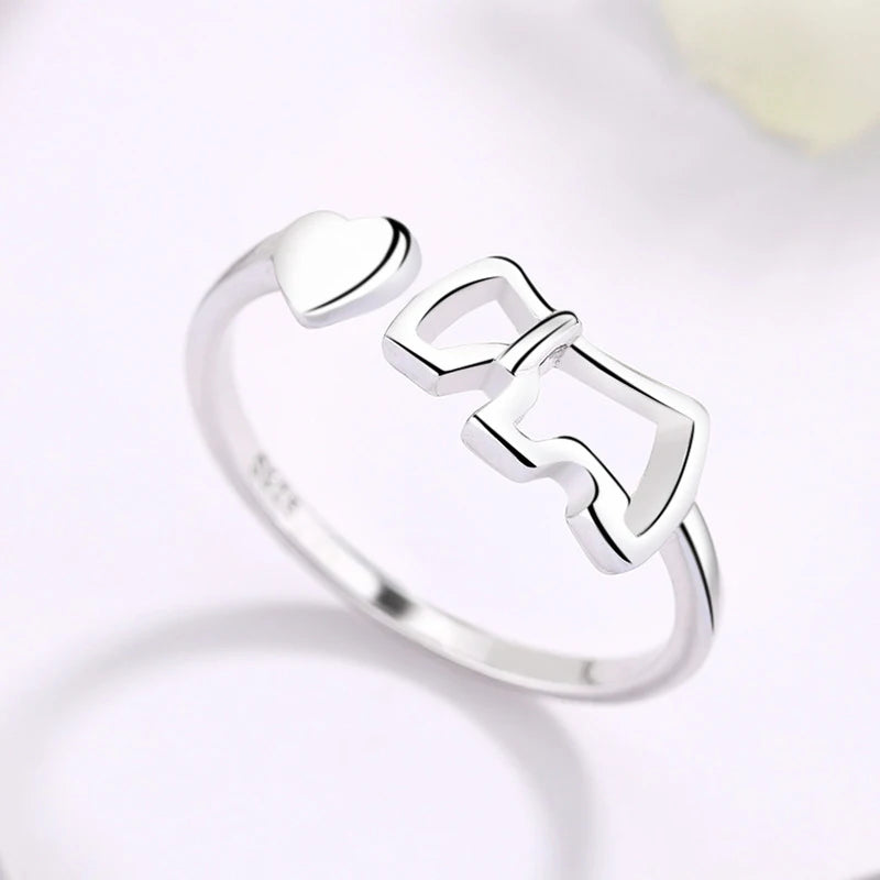 New Fashion 925 Sterling Silver Delicate Heart Pony Asymmetry Open Resizable Rings Women&Girl Exquisite Jewelry Finger Ring Gift