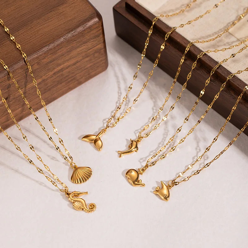 Ocean Style Starfish Sea Turtle Octopus Stainless Steel Pendant Necklace Fashion Gold Plated Summer Beach Jewelry Accessory