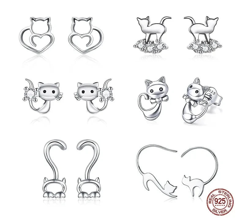 WOSTU Real 100% 925 Sterling Silver Lovely Cat Pet Stud Earrings For Women S925 Silver Earring Fashion Jewelry Gift FIE073