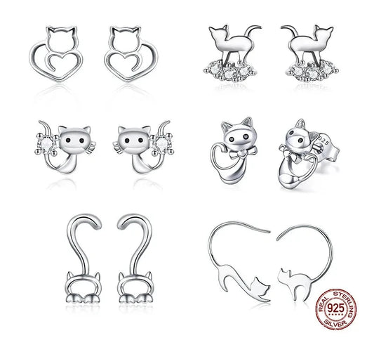 WOSTU Real 100% 925 Sterling Silver Lovely Cat Pet Stud Earrings For Women S925 Silver Earring Fashion Jewelry Gift FIE073