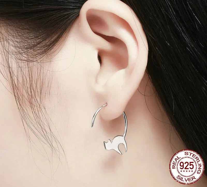 WOSTU Real 100% 925 Sterling Silver Lovely Cat Pet Stud Earrings For Women S925 Silver Earring Fashion Jewelry Gift FIE073