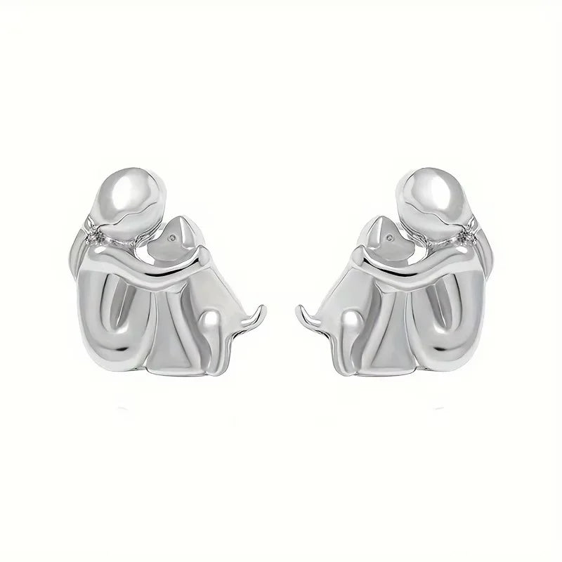 Cute Two Tone Gold Silver Color Women and Dog Stud Earrings Dog Mom Small Hoop Earrings Animal Pet Jewelry