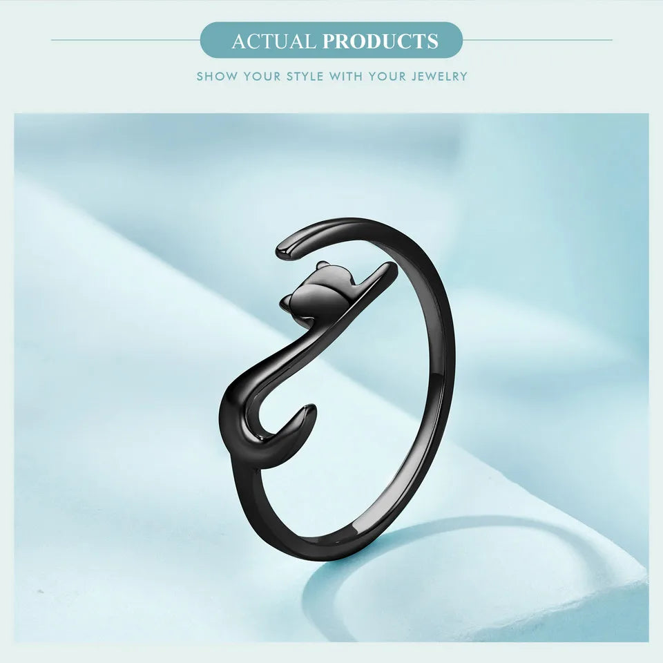 BAMOER 100% 925 Sterling Silver Sticky Cat with Long Tail Finger Ring Women Ring Adjustable Engagement Ring Jewelry SCR220