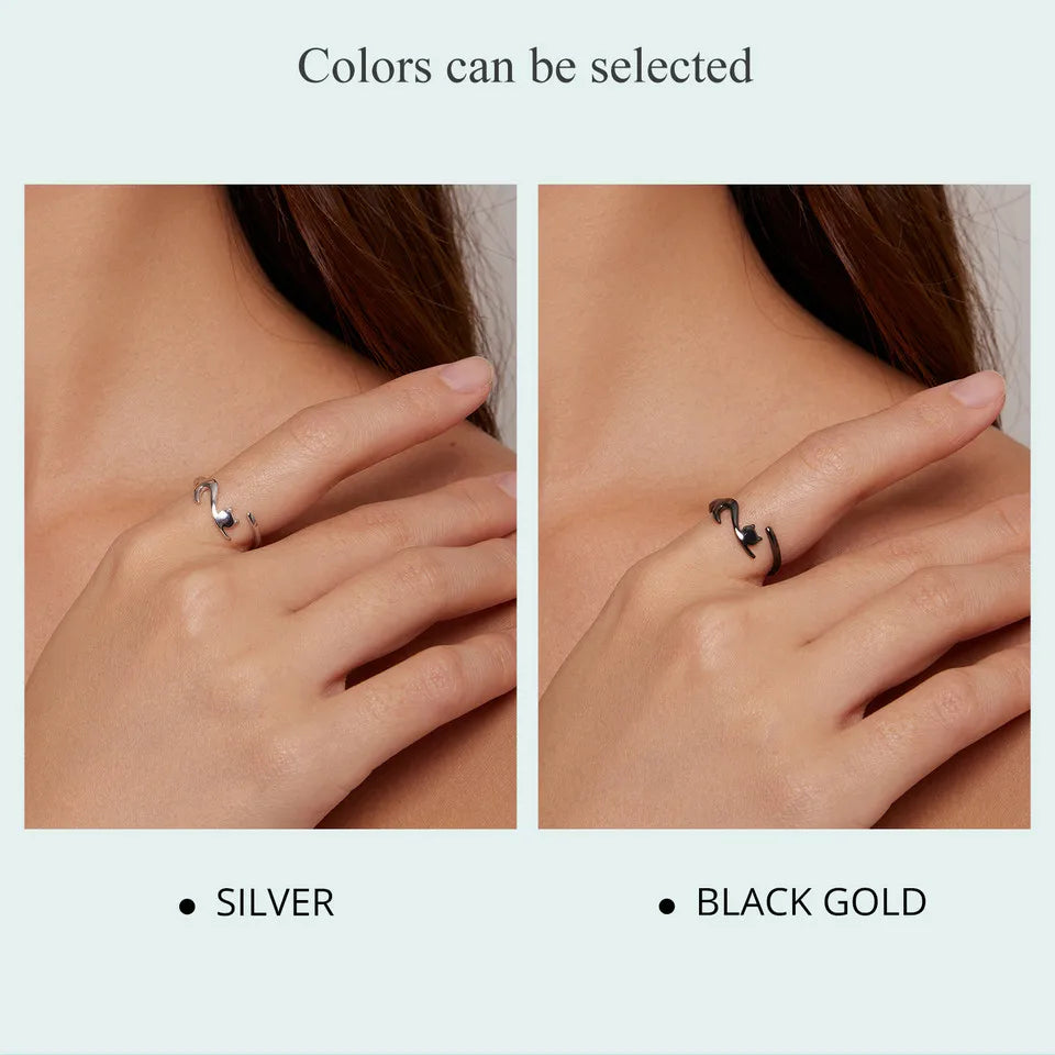 BAMOER 100% 925 Sterling Silver Sticky Cat with Long Tail Finger Ring Women Ring Adjustable Engagement Ring Jewelry SCR220