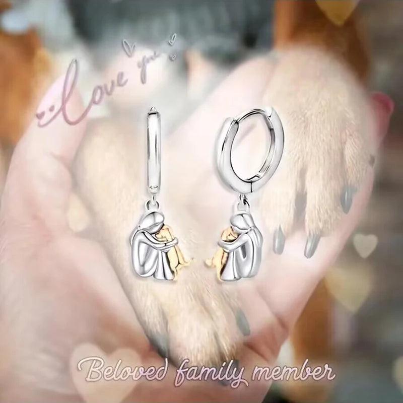 Fashion Two Tone Little Girl and Dog Earrings For Women Dog Mom Earrings Animal Puppy Jewelry