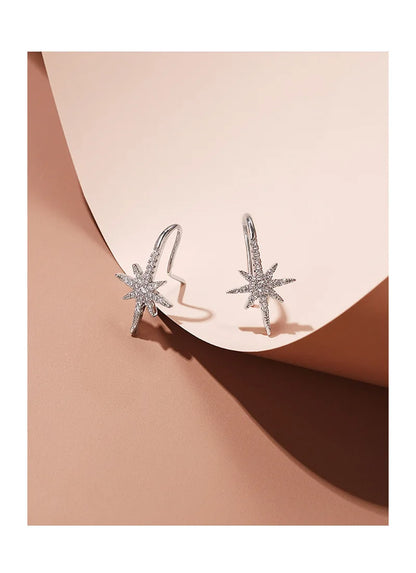 Copper Octagon Dainty Starburst Hook Earrings Dangling Star with Crystals Ear Studs For Women