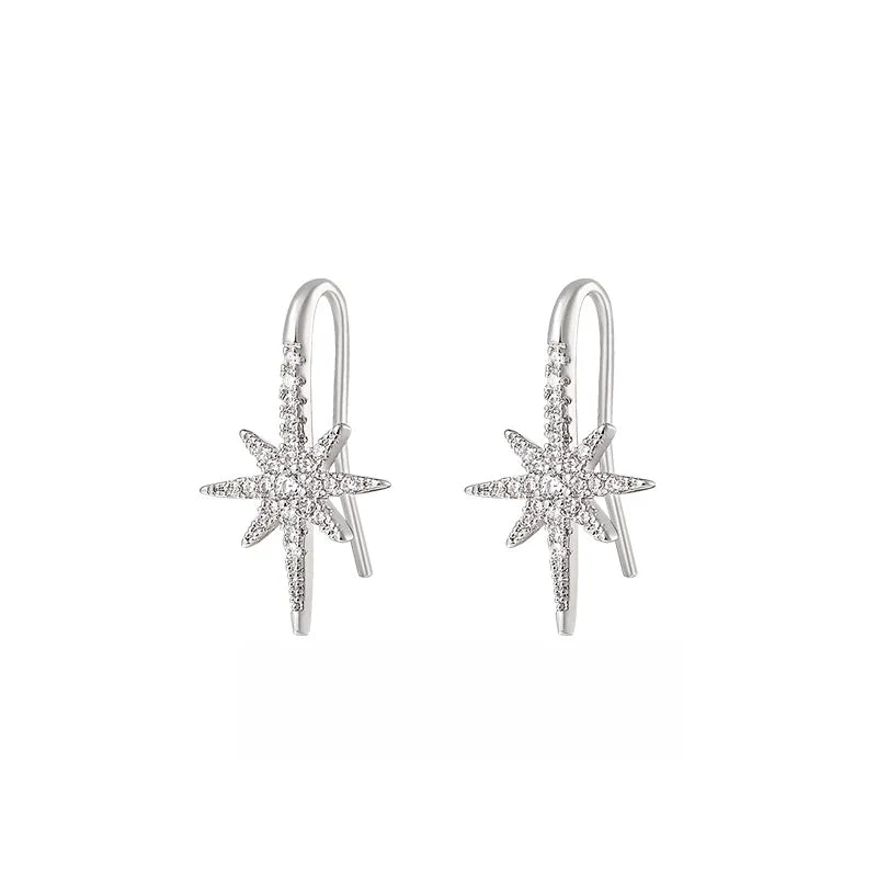 Copper Octagon Dainty Starburst Hook Earrings Dangling Star with Crystals Ear Studs For Women