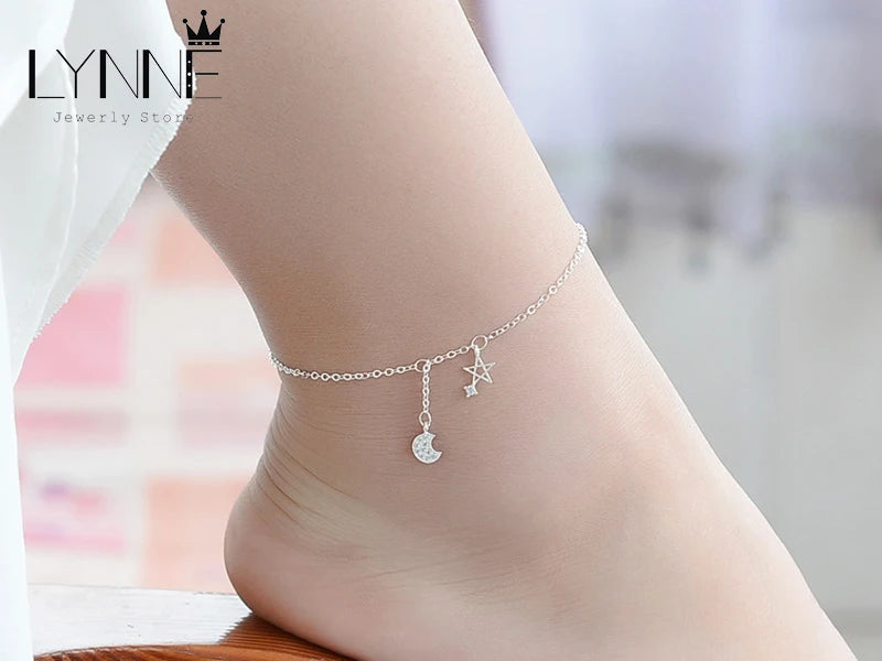 New Fashion 925 Sterling Silver Star&Moon Zircon Pendant Anklet Bracelet Constellation Symbol Foot Chain Women&Girl Jewelry Gift