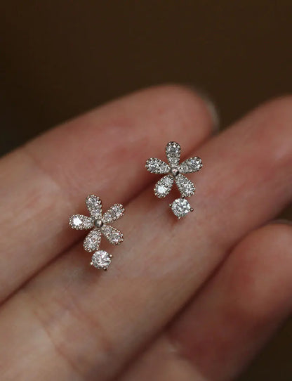 925 Sterling Silver Shiny Crystal Flower Stud Earrings Women Cute Elegant Party Wedding Jewelry Accessories Girlfriend Gifts
