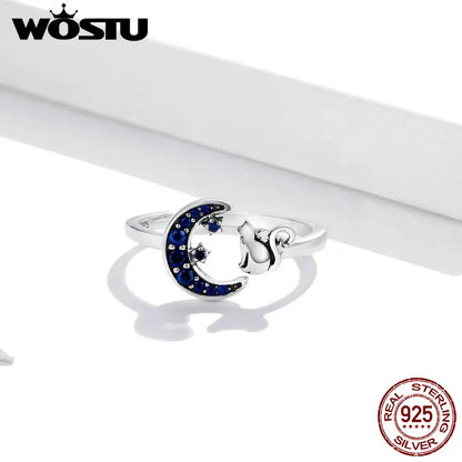 WOSTU Moon & Cat Open Ring 925 Sterling Silver Blue Zircon Adjustable Size Animal Ring For Women Fingers Trendy Jewelry CQR677