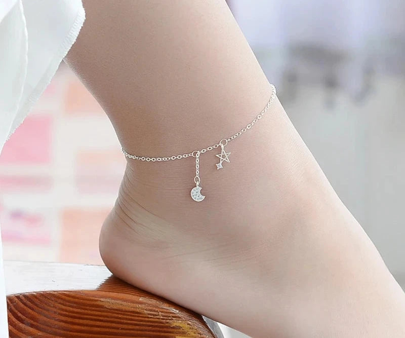 New Fashion 925 Sterling Silver Star&Moon Zircon Pendant Anklet Bracelet Constellation Symbol Foot Chain Women&Girl Jewelry Gift