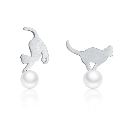 WOSTU Real 100% 925 Sterling Silver Lovely Cat Pet Stud Earrings For Women S925 Silver Earring Fashion Jewelry Gift FIE073