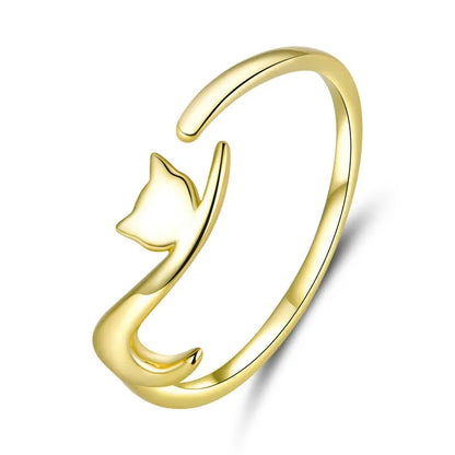 BAMOER 100% 925 Sterling Silver Sticky Cat with Long Tail Finger Ring Women Ring Adjustable Engagement Ring Jewelry SCR220