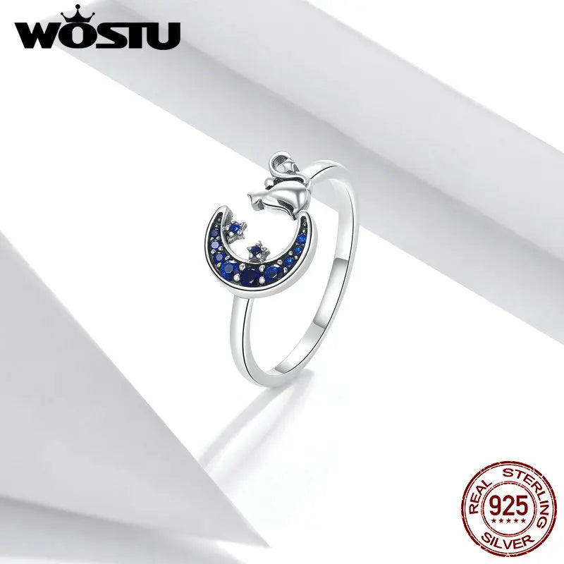 WOSTU Moon & Cat Open Ring 925 Sterling Silver Blue Zircon Adjustable Size Animal Ring For Women Fingers Trendy Jewelry CQR677