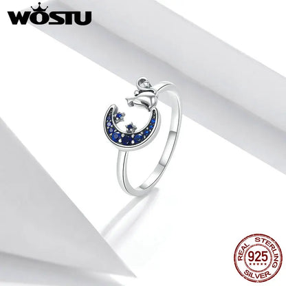 WOSTU Moon & Cat Open Ring 925 Sterling Silver Blue Zircon Adjustable Size Animal Ring For Women Fingers Trendy Jewelry CQR677