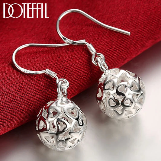 DOTEFFIL 925 Sterling Silver Hollow Ball Heart Drop Earrings For Woman Wedding Engagement Party Fashion Charm Jewelry