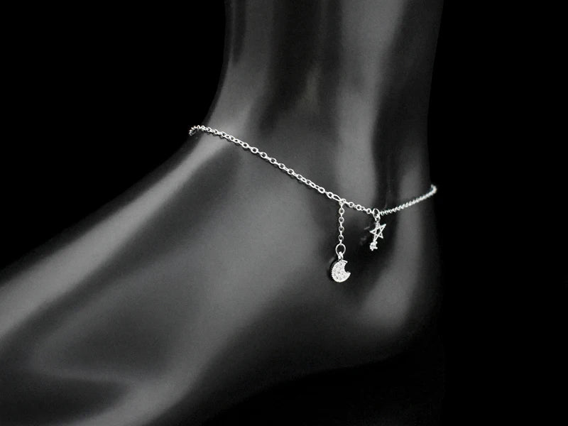 New Fashion 925 Sterling Silver Star&Moon Zircon Pendant Anklet Bracelet Constellation Symbol Foot Chain Women&Girl Jewelry Gift