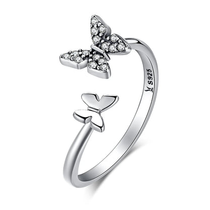 BAMOER Hot Sale 925 Sterling Silver Dazzling CZ Butterfly Open Finger Ring for Women Fashion Sterling Silver Jewelry Gift SCR087