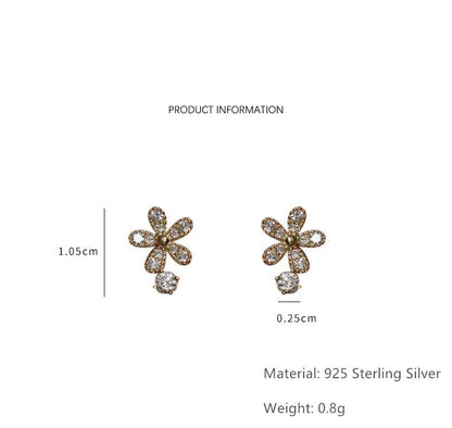 925 Sterling Silver Shiny Crystal Flower Stud Earrings Women Cute Elegant Party Wedding Jewelry Accessories Girlfriend Gifts