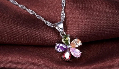Shinning Flower Colorful CZ Crystal Pendant Jewelry Sets 925 Sterling Silver Pendant Necklace + Dangle/Hoop Earring Sets