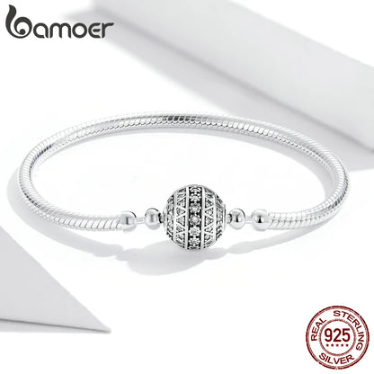 Bamoer 100% 925 Sterling Silver Dazzling Clear CZ Round Clasp Snake Chain Flower Clasp Bracelet Fine Jewelry SCB062
