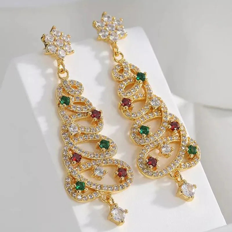 New Zircon Christmas Tree Earrings for Women Shiny Rhinestone Star Pearl Stud Earring New Year Xmas Festival Ear Jewelry