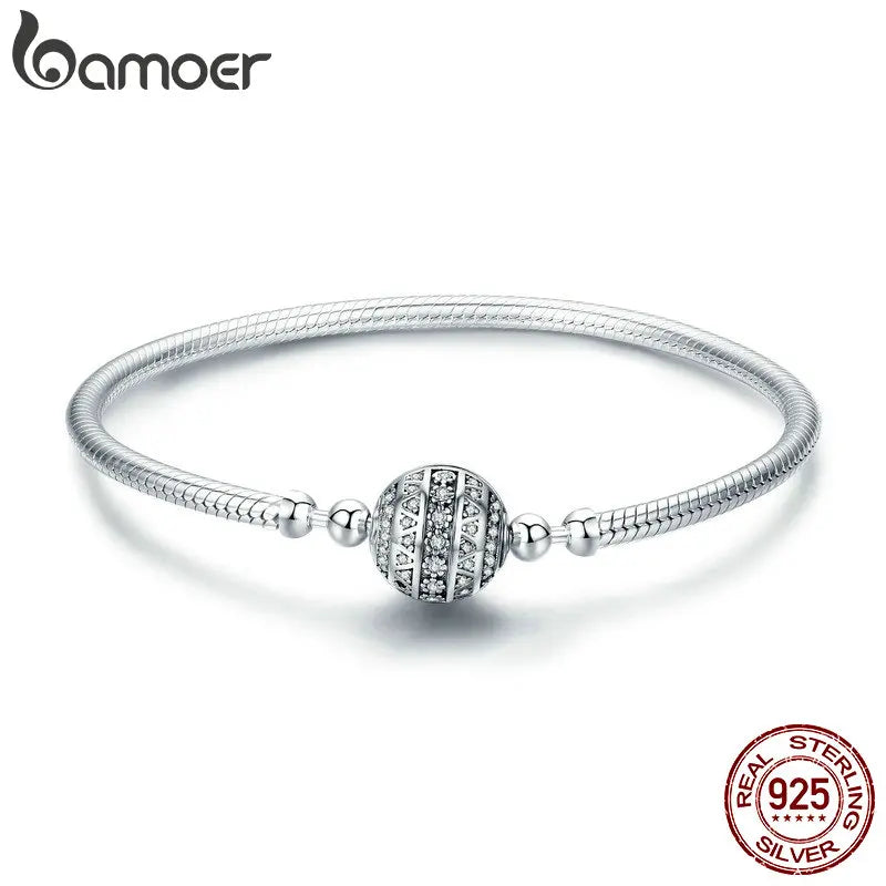 Bamoer 100% 925 Sterling Silver Dazzling Clear CZ Round Clasp Snake Chain Flower Clasp Bracelet Fine Jewelry SCB062