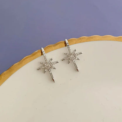 Copper Octagon Dainty Starburst Hook Earrings Dangling Star with Crystals Ear Studs For Women