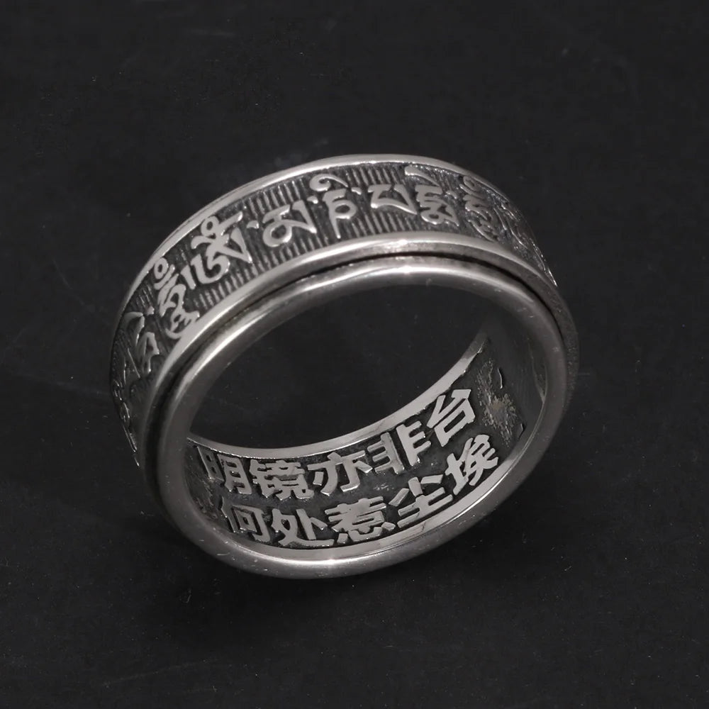 Real 925 Sterling Silver Vintage Rings For Men Rotatable Tibetan Six Words Mantra Rings Om Mani Padme Hum Buddhist Jewelry