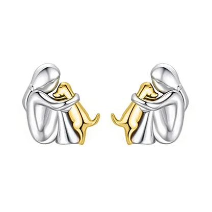 Cute Two Tone Gold Silver Color Women and Dog Stud Earrings Dog Mom Small Hoop Earrings Animal Pet Jewelry