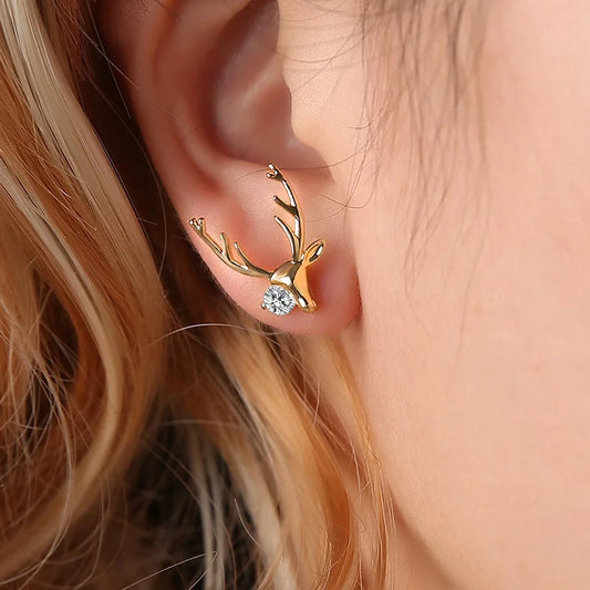 Gold Color Christmas Earrings For Women Girls Vintage Fashion Zirconia Elk Deer Stud Earrings Xmas Jewelry Gift Ear Accessories